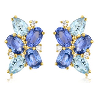 Nina Zhou Sapphire, Aquamarine and Diamond Cluster Earrings in 14k Yellow Gold, a Pair For Sale