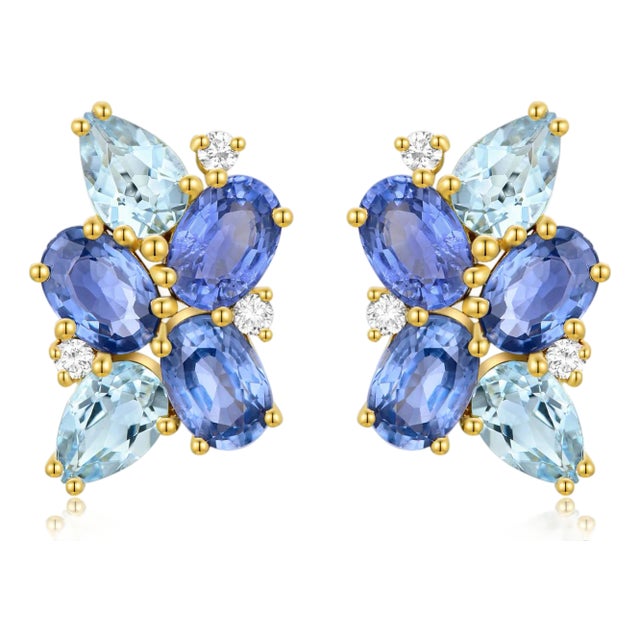 Nina Zhou Sapphire, Aquamarine and Diamond Cluster Earrings in 14k Yellow Gold, a Pair For Sale