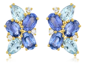 Nina Zhou Sapphire, Aquamarine and Diamond Cluster Earrings in 14k Yellow Gold, a Pair