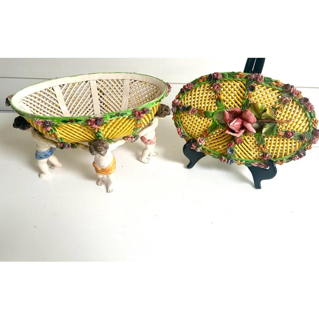 Antique Italian Lattice Lidded Centerpiece Ceramic Bowl on Putti Cherub For Sale - Image 10 of 12