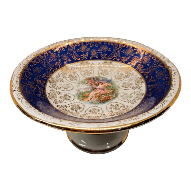 Vintage Handpainted 22kt Gold Fruit/Compote/Cake Pedestal Dish For Sale