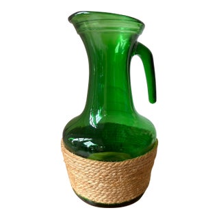Vintage Mid-Century Italian Rope Wrapped Emerald Green Glass Pitcher For Sale