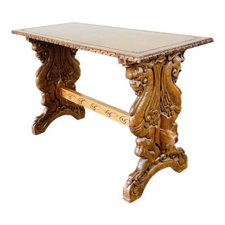 Antique Carved Oak Figural Griffin Trestle Library Console Table For Sale