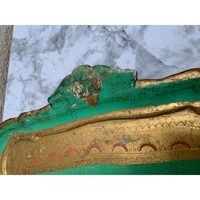 Midcentury large handcrafted Florentine decor tray in vibrant green, rose and gold tones. Some wear and age as shown....