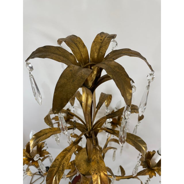 Mid 20th Century Italian Gilt Tole and Crystals Electric Candelabra Lamp For Sale - Image 11 of 18