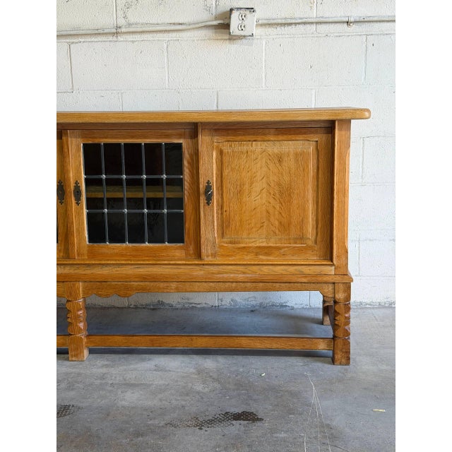 Brown Oak Sideboard Cabinet Leaded Glass Doors in Style of Henning Kjaernulf Denmark 1960s For Sale - Image 8 of 9