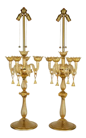 Vintage Gold Murano Glass Candelabra Table Lamps Gold by Marbro