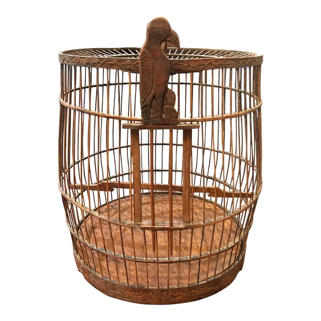 Antique Handmade Wooden Birdcage With Carved Bird For Sale