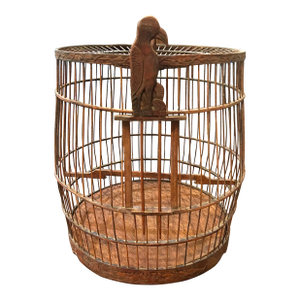 Antique Handmade Wooden Birdcage With Carved Bird