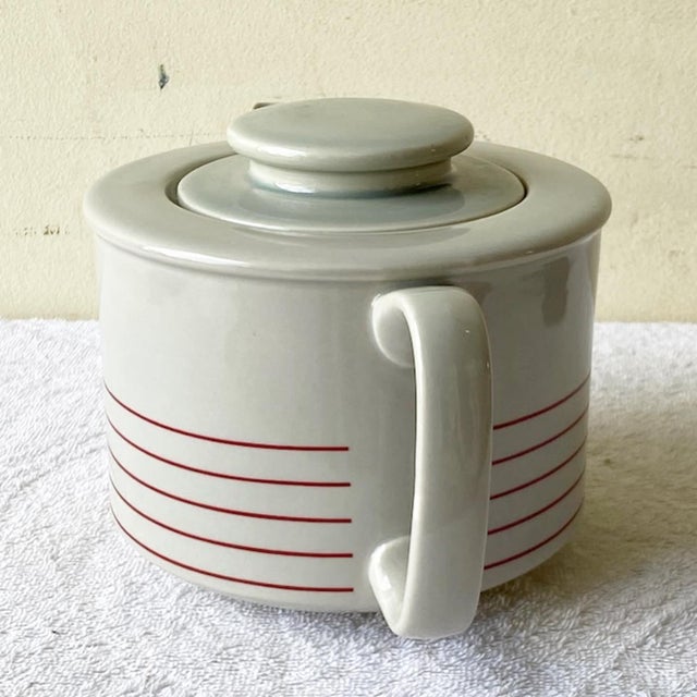 Mid Century Modern Grey and Red Striped Ceramic Tea Pot by Copco Chairish