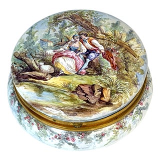 19th Century French Limoges Enamel Dresser Box with Rococo Pastoral Scenes For Sale