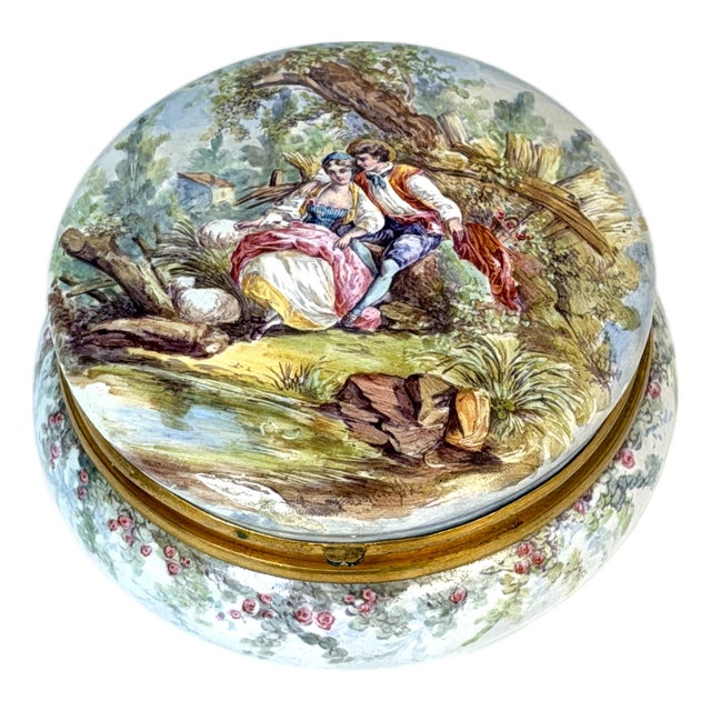 19th Century French Limoges Enamel Dresser Box with Rococo Pastoral Scenes For Sale