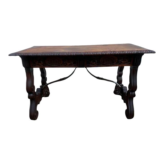 19th Century Spanish Carved Walnut Renaissance Library/ Writing or Desk Table. For Sale