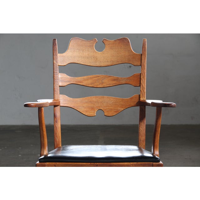 Vintage Brutalist Oak Razorblade Black Leather Armchair by H. Kjærnulf, 1960s For Sale - Image 10 of 18