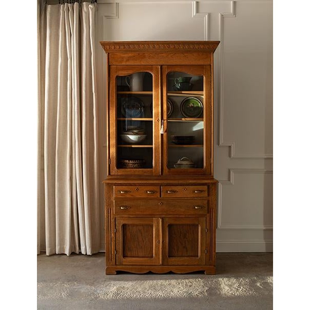 Farmhouse Mid 20th Century Oak Stepback Cupboard & Glass Display Hutch For Sale - Image 3 of 18