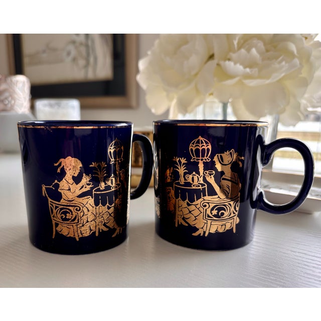 Japanese Vintage Navy Blue and Gold Japanese Matcha Mugs - 24k Gold Ornate Ladies Afternoon Tea Design - Set of 2 For Sale - Image 3 of 12