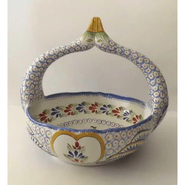 Mid-Century Modern Vintage Large Quimper Swan Handle Basket For Sale - Image 3 of 11