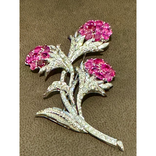 Vintage 14 Kt White Gold Diamond & 18 Ct Pink Sapp Floral Bouquet Broach 30.4 GM For Sale - Image 9 of 18