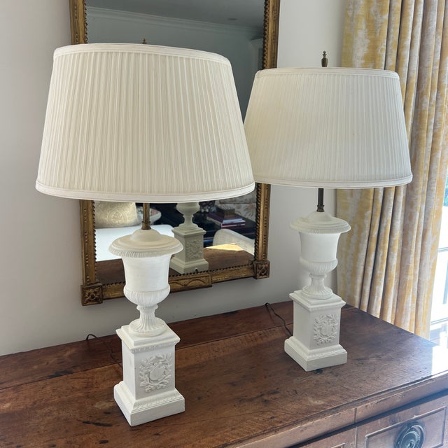 Vintage Italian Borghese Neoclassical Style Plaster Lamps - A Pair Shades are 12 x 16 x 9.5 slant
