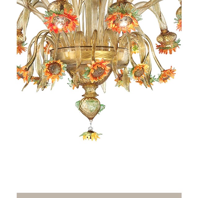 Contemporary Venetian Scenographic "Sunflowers" Amber and Green Murano Glass Chandelier For Sale - Image 3 of 6