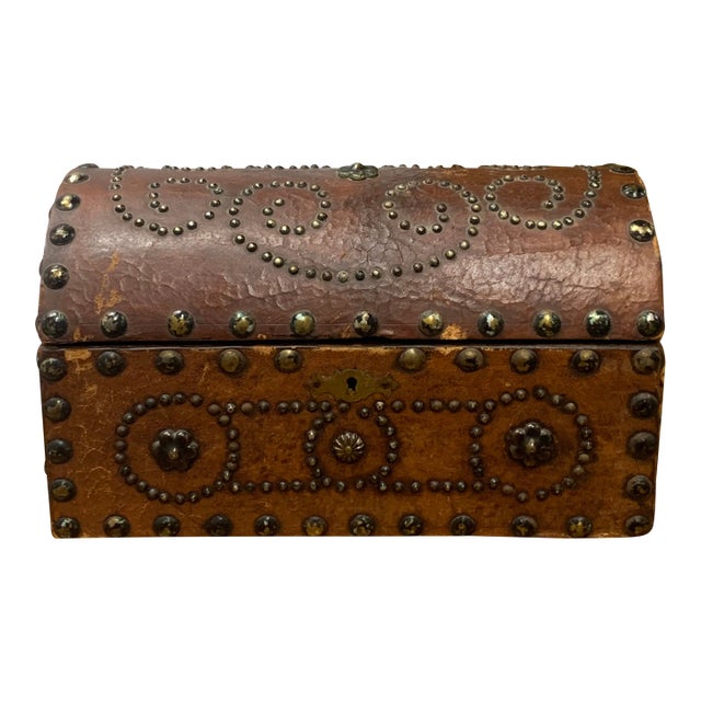 Mid 20th Century Vintage Spanish Leather Chest With Dome-Top & Brass Fittings For Sale