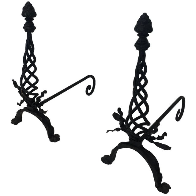 Twisted Wrought Iron Andirons with Finials, French, circa 1920 - A Pair For Sale - Image 13 of 13