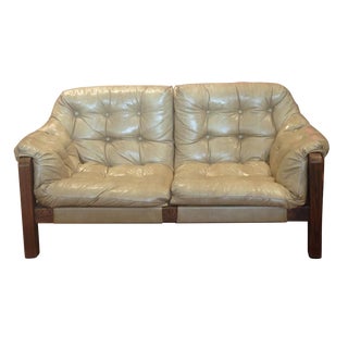 1960's Lafer-Style Tufted Vinyl & Wood Love Seat For Sale
