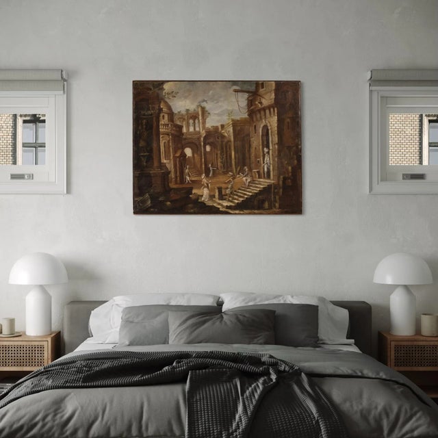 Italian Artist, Architectural Capriccio with Figures, 1740, Oil on Canvas, Framed For Sale - Image 15 of 16