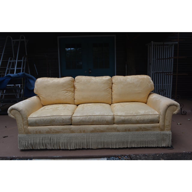 What a gorgeous couch! Overall in great condition. Sunshine did not cooperate very well, but it is more of the yellow/gold...