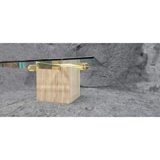 Marble and Glass Square Coffee Table With Glass Top and Golden Supports For Sale - Image 6 of 8