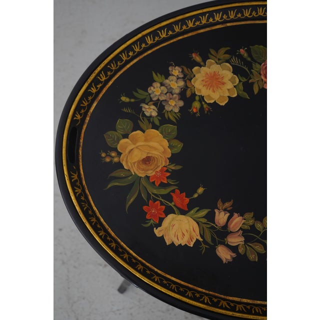 Black Vintage Black Lacquer Toleware Tray Top End Table For Sale - Image 8 of 16