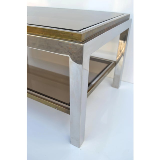 Signed Willy Rizzo Two-Tier Chrome & Brass Coffee Table Smoked Glass Italy 60s For Sale - Image 11 of 12