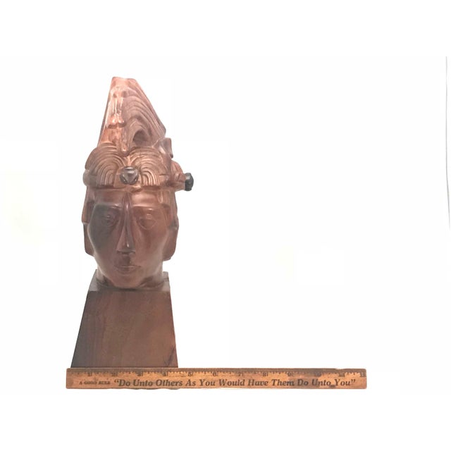 Mid 20th Century Jose Pinal Carved Wood Aztec Bust - Mid Century Modern Sculpture For Sale - Image 9 of 10