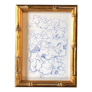 Original Vintage Wayne Cunningham Small Abstract Ink Drawing Faux Bamboo Frame For Sale
