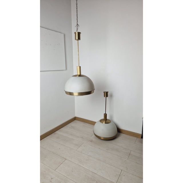 Brass-Plated Aluminum Chandelier with Diamond-Shaped Glass Lampshade by Pia Guidetti Crippa for Lumi, 1970s, in Very Good...