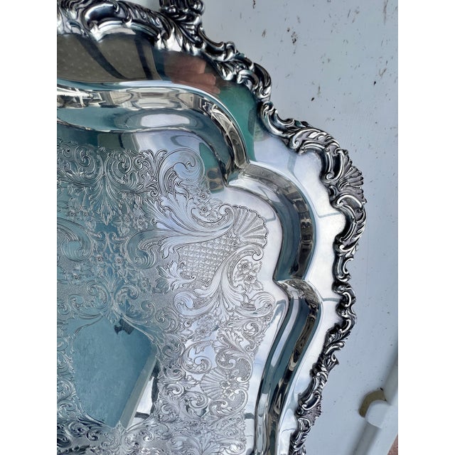 Vintage Oversized Footed Silverplate Butler Waiter Tray With Handles 30.5” Palm Beach Regency Tea Service Bar Tray For Sale In West Palm - Image 6 of 10