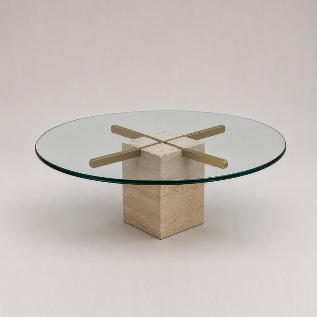 Metal Vintage Round Travertine and Brass Coffee Table with Glass Top For Sale - Image 7 of 7
