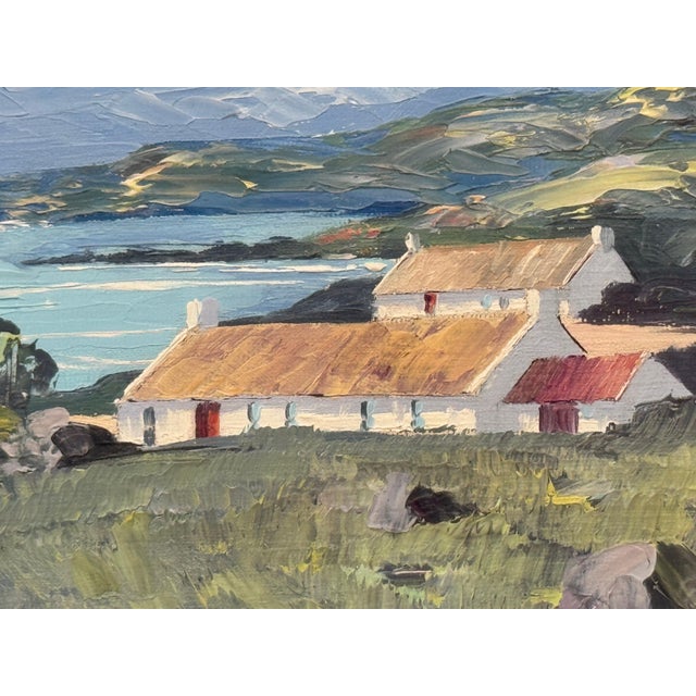Contemporary Small Oil of Cottages beside a Lake in Mountains on the Antrim Coast in Ireland 1985 Circa For Sale - Image 3 of 18