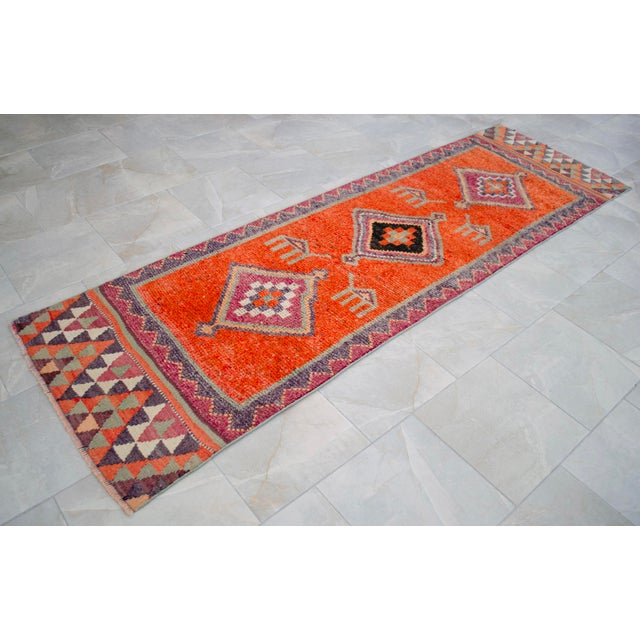 Orange 1960s Vintage Hand Knotted Primitive Turkish Runner For Sale - Image 8 of 15