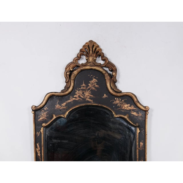 Chinoiserie Vintage Wooden Carving Frame Mirror With Chinoiserie Design of Pagoda and Boat, Figurines, Etc. For Sale - Image 3 of 6