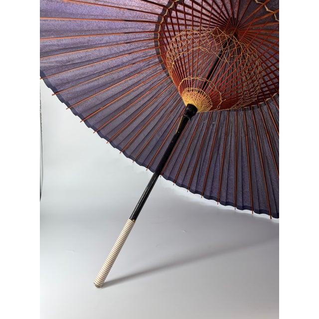 Wood Antique Japanese Snake-Eye Umbrella (Wagasa) With Bamboo Ribs and Lacquered Paper For Sale - Image 7 of 16