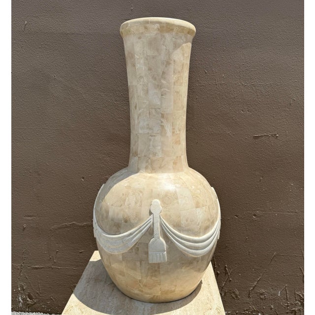 Off-white Vintage Tessellated Stone Vase With Ribbons For Sale - Image 8 of 9