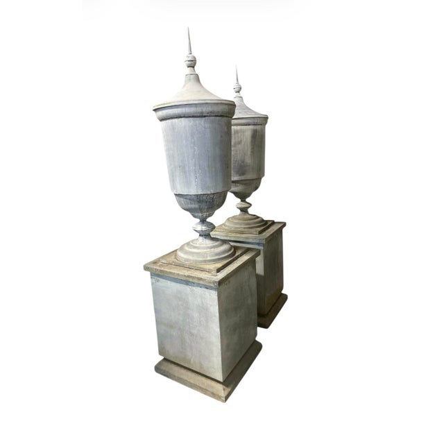 Pair of Large Neoclassical Zinc Urn Finials on Pedestals For Sale - Image 4 of 8