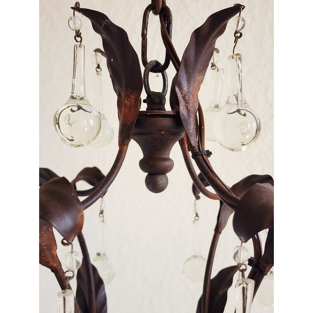 Metal 1950s French Style Wrought Iron & Tole Chandelier With Crystals For Sale - Image 7 of 11