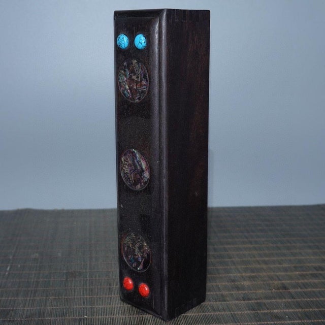 Black Vintage Rosewood Sliding Box With Abalone Shell & Turquoise Inlay - Long Jewelry or Incense Box For Sale - Image 8 of 9