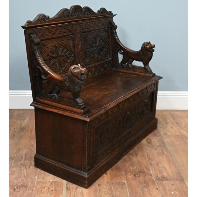 Victorian Farmhouse Oak Hall Bench, 1880 For Sale - Image 5 of 9