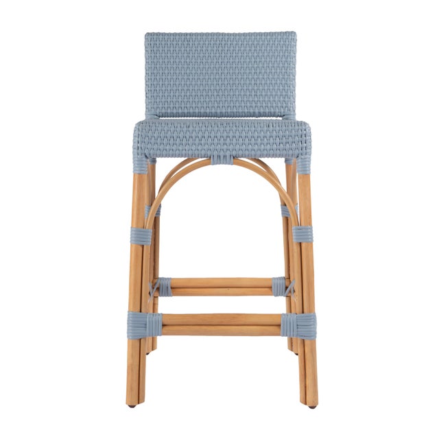 2020s Serienna 24.5 in. Seat Height Rectangular Rattan Low Back Counter Stool, Baby Blue/ Natural Rattan Frame For Sale - Image 5 of 9