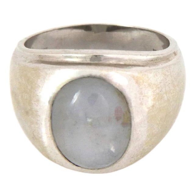Men's Star Sapphire Ring 14k White Gold For Sale