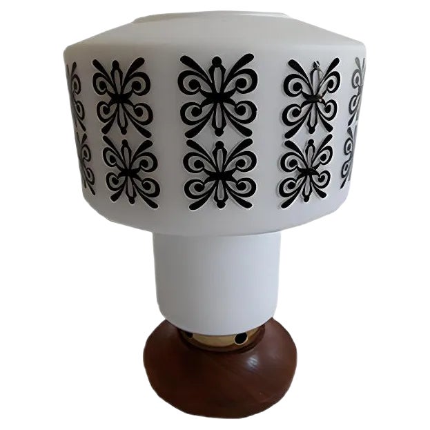 Vintage Teak and White Glass Table Lamp with Black Decor, 1970s For Sale