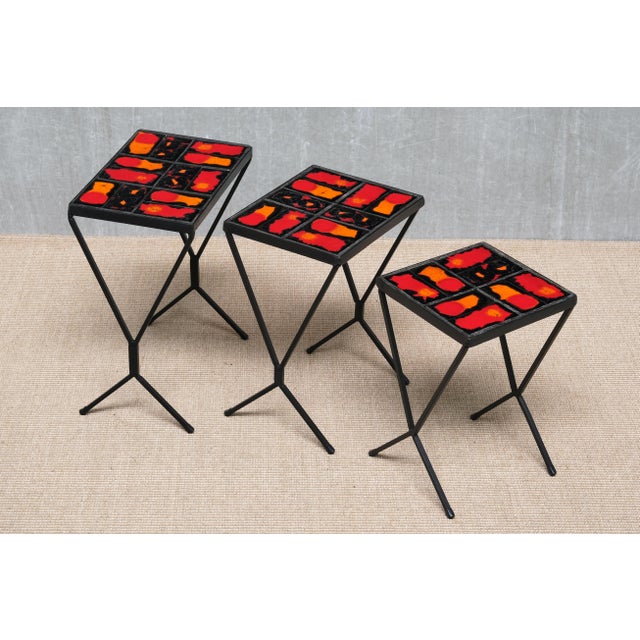French Modern Nesting Tables with Red and Orange Ceramic Tile Tops, 1950s, Set of 3 For Sale - Image 15 of 15